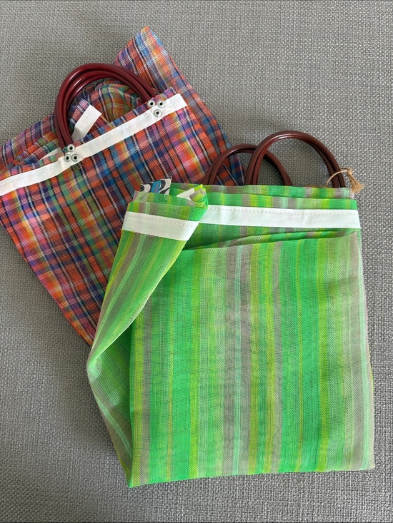 Handbags - Green Striped Tote Bag with Brown Handles - Unbranded 2 Reusable Shopping Bags